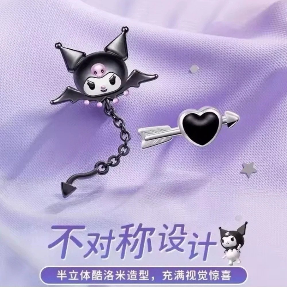 925 Sterling Silver Plated Kuromi Bat Wings Arrow & Heart Mismatch Stud Earrings